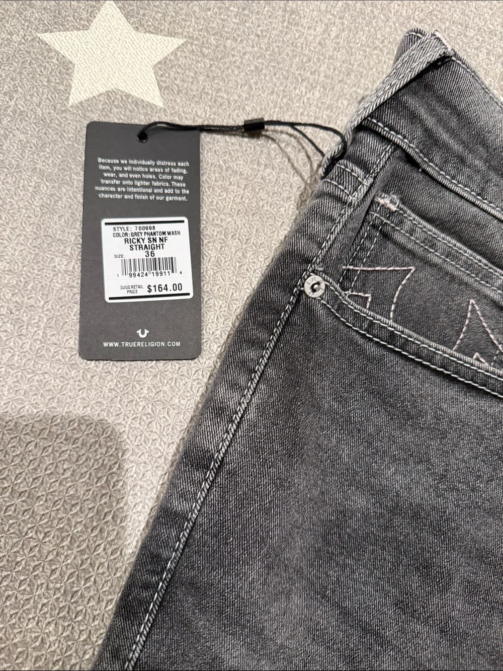 True Religion Men's Washed Charcoal Relaxed Straight Jeans NWT